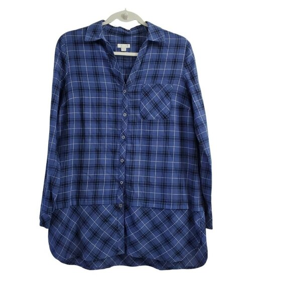 J. Jill Tunic Top Small Plaid Blue‎ Curved Hem Shirt Button Up Collared Casual - Picture 1 of 11
